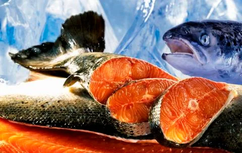 Salmon, sliced, with head Foto stock