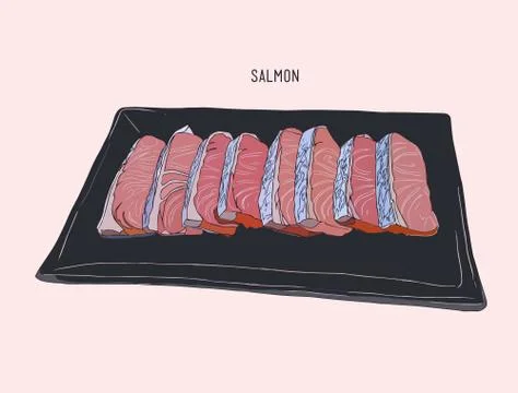 Salmon sliced  on a plate , sketch vector. Stock Illustration