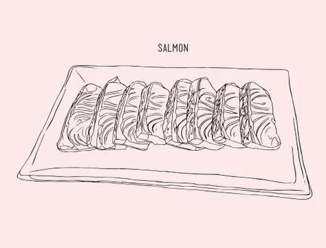 Salmon sliced  on a plate , sketch vector. Stock Illustration