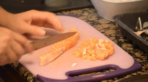 Salmon Into Small Dice Stock Footage 55965367