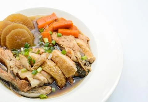 Salmon in soy source with vegetables, fish maw soup Stock Photos