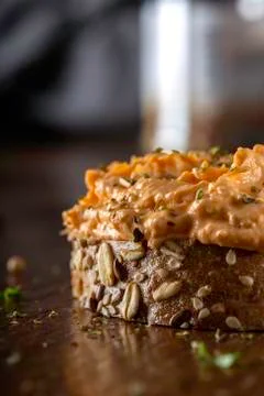 Salmon spread with egg and herbs on bread Stock Photos
