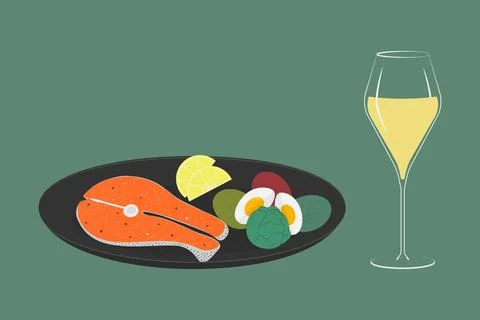 Salmon steak Lemon slices Half Boiled Egg Brussels Sprouts Greens on Dark Plate Stock Illustration