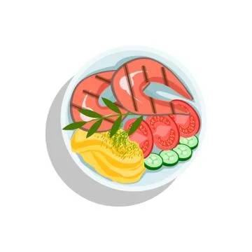 Salmon Steak With Mashed Potato And Vegetables, Oktoberfest Grill Food Plate Stock Illustration