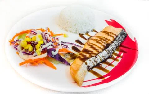 Salmon steak rice. Stock Photos