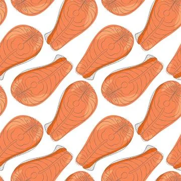 Salmon steak Seamless pattern in trendy doodle style. Healthy food Day Stock Illustration