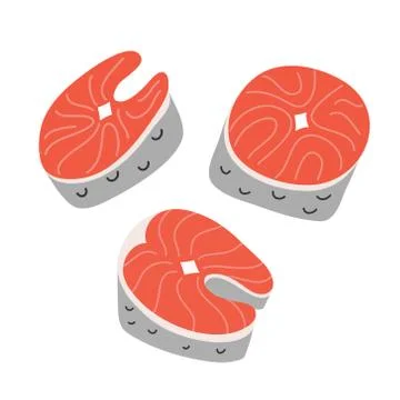 Salmon steak set, hand drawn doodle art, fresh redfish, isolated hand drawn Stock Illustration