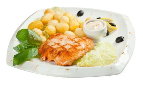 Salmon steak with vegetable Stock-Fotos