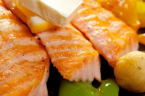 Salmon steak with vegetable Stock Photos