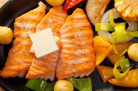 Salmon steak with vegetable Stock Photos