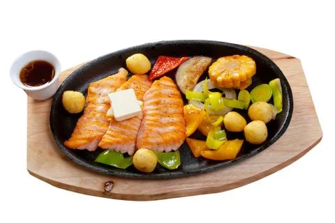 Salmon steak with vegetable Stock Photos