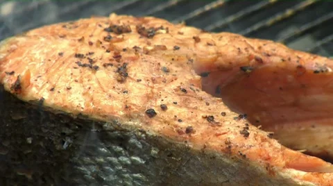 Salmon steaks on a barbecue Stock Footage 8572379