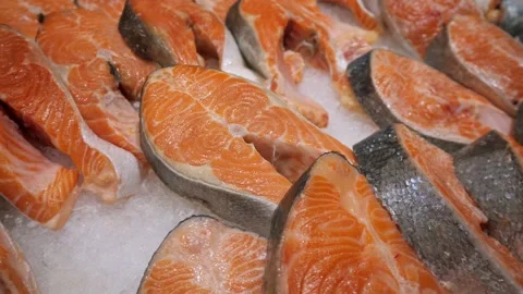 Salmon steaks on ice close-up Stock Footage 267592795