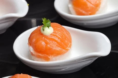 Salmon sushi buffet Stock Photos