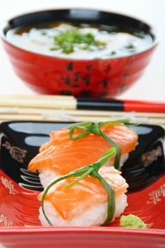 Salmon sushi close up. Stock Photos