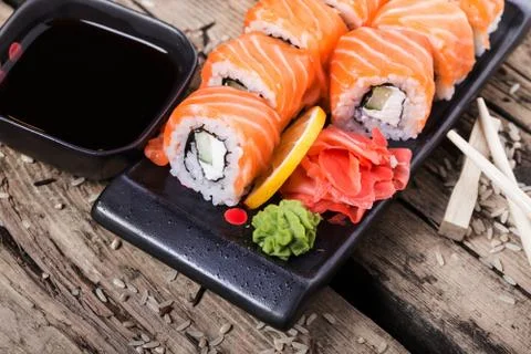 Salmon sushi rolls Stock Photos