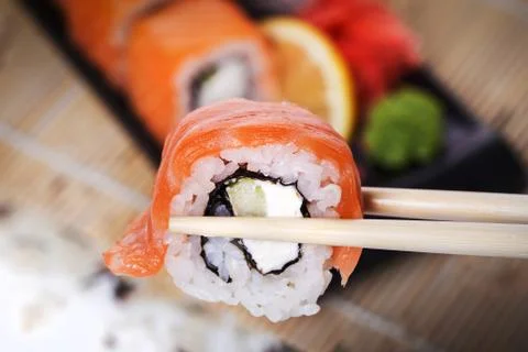 Salmon sushi rolls Stock Photos