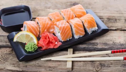 Salmon sushi rolls Stock Photos