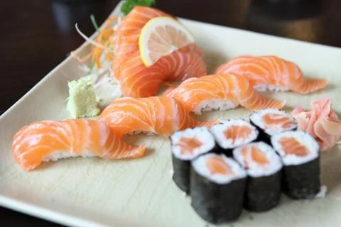 Salmon sushi set Stock Photos