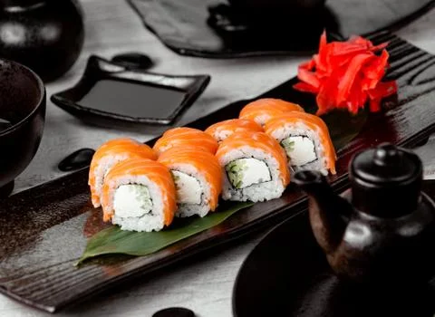 Salmon sushi set on the table Stock Photos