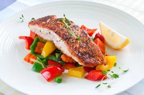 Salmon with vegetables 스톡 사진