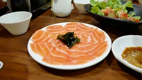 Salmon in white plate. Stock Footage 96383967