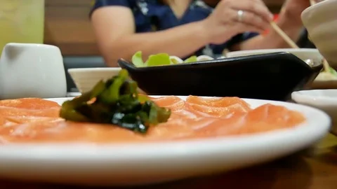Salmon in white plate. Stock Footage 96384075
