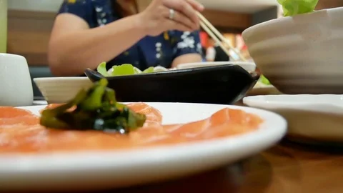 Salmon in white plate. Stock Footage 96384254