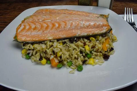 Salmon with wild rice Stock Photos
