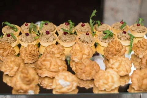 Salsa canape cracker appetizers with soft cheese. Stock Photos