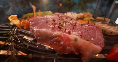 Salt and herbs falling on red meat Stock Footage 311832126