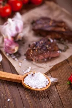 Salt and meat Stock Photos