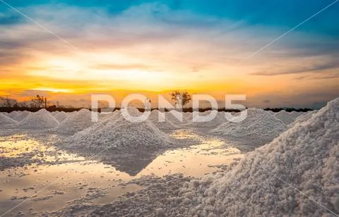 Salt farm in the morning with sunrise sky. Organic sea salt. Evaporation and Stock Photos