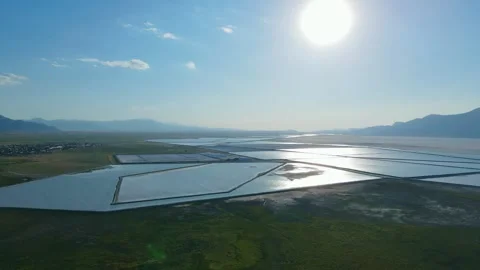 Salt fields on salt flat factory, aerial wide view Stock Footage 254081748