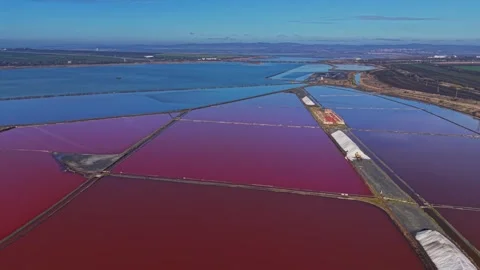 Salt fields stretch across land and water in open area with clear sky Stock Footage 328527985