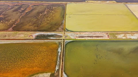 Salt fields with varying colors in an aerial view showing patterns and water Stock Footage 342788924