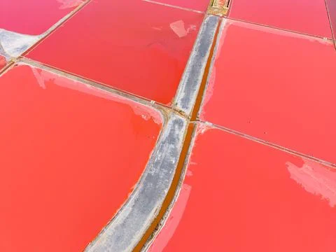 Salt flats display large sections of pink water surrounded by gray paths. Sun Stock Photos