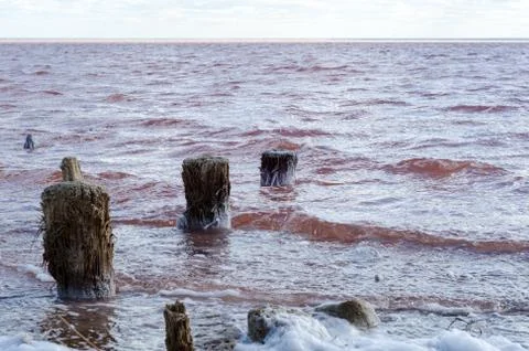Salt lake. Clouds on a background of red water 스톡 사진
