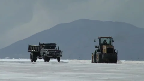 Salt Mining Operation with Old Truck and Front Loader, Salinas Grandes, Salta Stock Footage 148731647