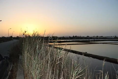 Salt pans at the sunset Foto stock