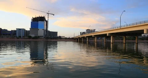 Salt River sunset Phoenix Arizona bridge construction 4K Stock Footage 112725420