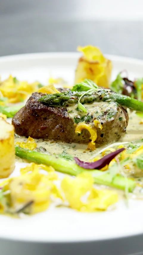 Salt, steak and fine dining on plate for presentation, luxury or fancy Stock Footage 327267738