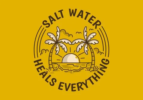 Salt water heals everything. Retro line art illustration of a beach with bi.. Stock Illustration