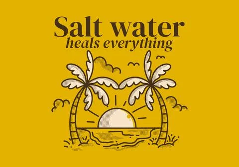 Salt water heals everything. Retro line art illustration of a beach with bi.. Stock Illustration