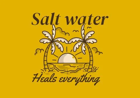 Salt water heals everything. Retro line art illustration of a beach with bi.. Stock Illustration