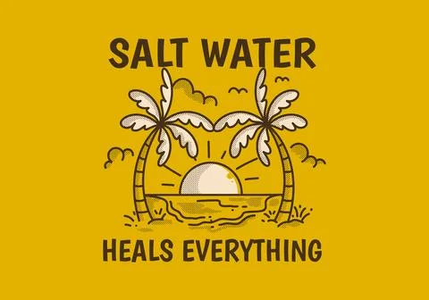 Salt water heals everything. Retro line art illustration of a beach with bi.. Stock Illustration