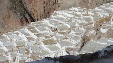 Salt workers in pattern of salt pond terraces at Salinas de Maras, Peru Stock Footage 202374677