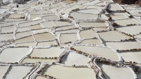 Salt workers walking through pattern of salt ponds at Salinas de Maras Stock Footage 202340179