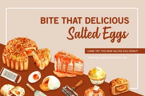 Salted egg frame design with crepe cake, moon cake, cupcake watercolor illust Illustrazione stock