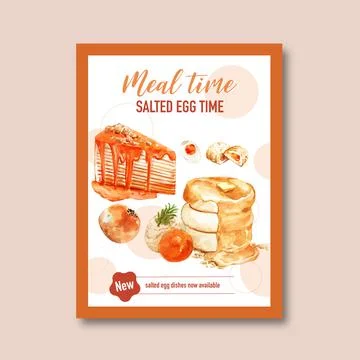 Salted egg Poster design with Chinese pastry, pie, cream watercolor illustrat Illustrazione stock